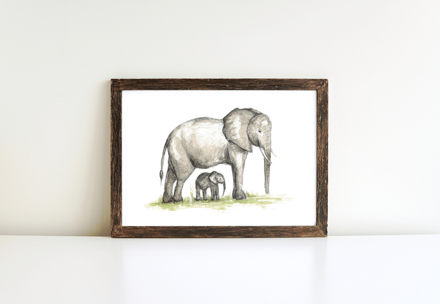 Elephant mum and baby print, Elephant family, Nursery art, New baby,Morvenna