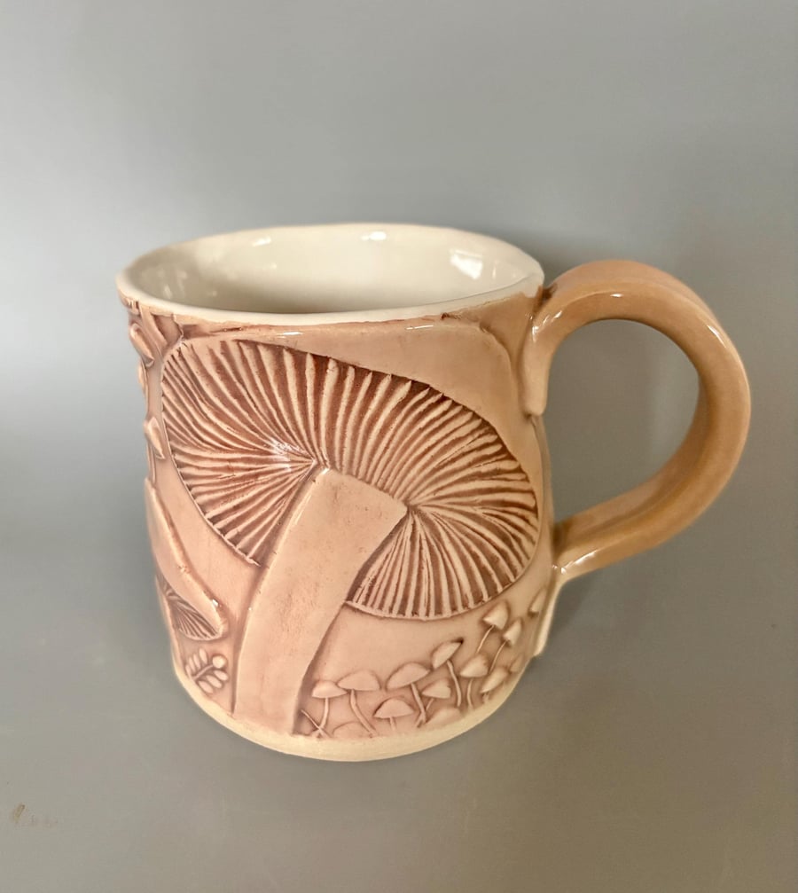 Handmade Ceramic Coffee Mug: Pink Mushroom fungi design