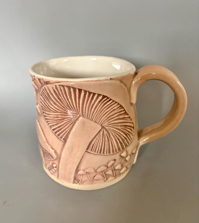 Handmade Ceramic Coffee Mug: Pink Mushroom fungi design