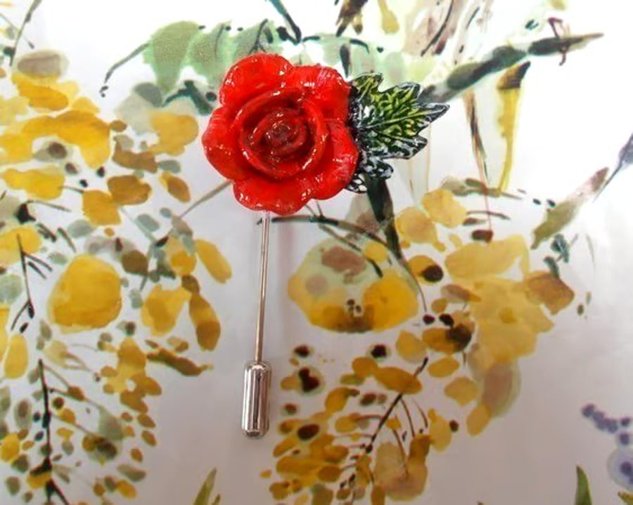 RED ROSE & LEAF PIN Red Rose Love Token Lapel Pin HANDMADE HAND PAINTED