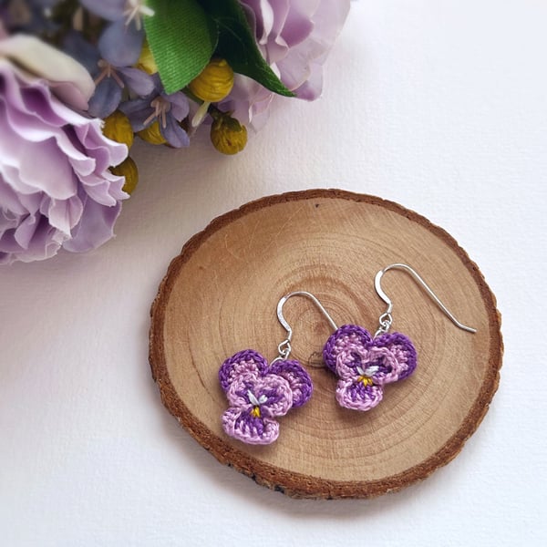 Pansy Micro Crochet Flower Earrings Sterling Silver