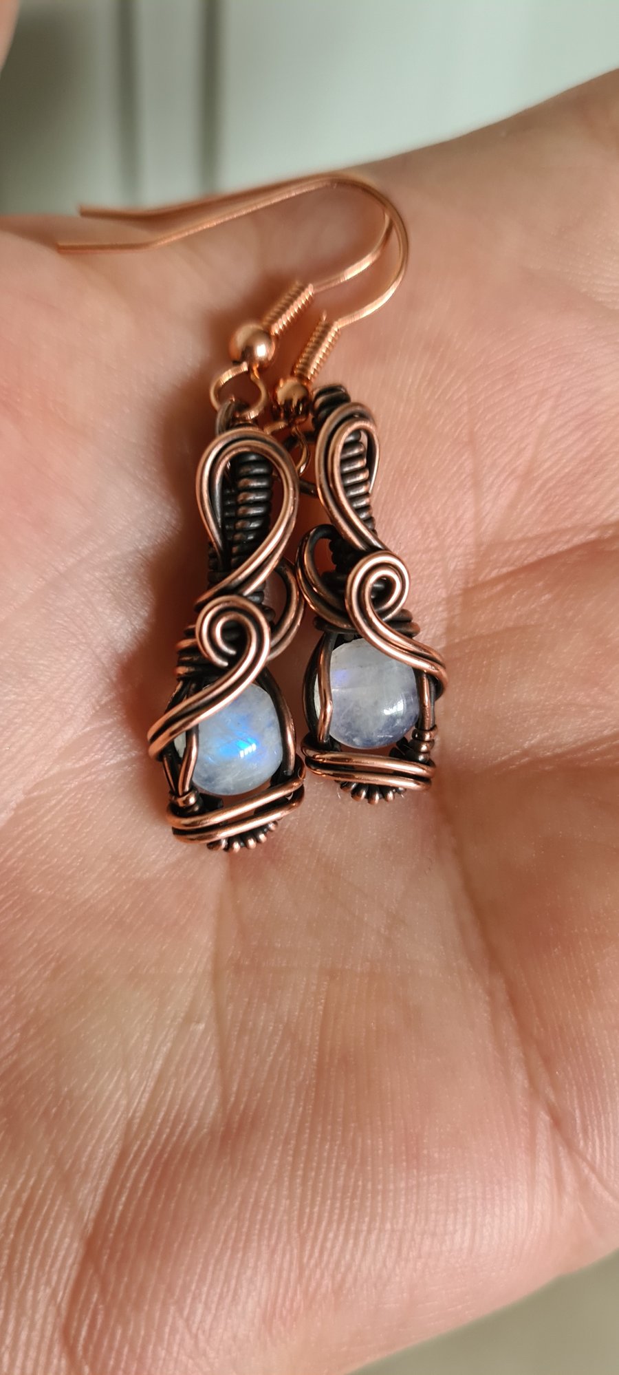 Natural Wire Wrapped Moonstone & Copper Dangle Earrings Gift Crystal Jewellery 
