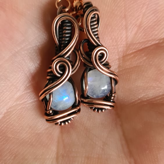 Natural Wire Wrapped Moonstone & Copper Dangle Earrings Gift Crystal Jewellery 