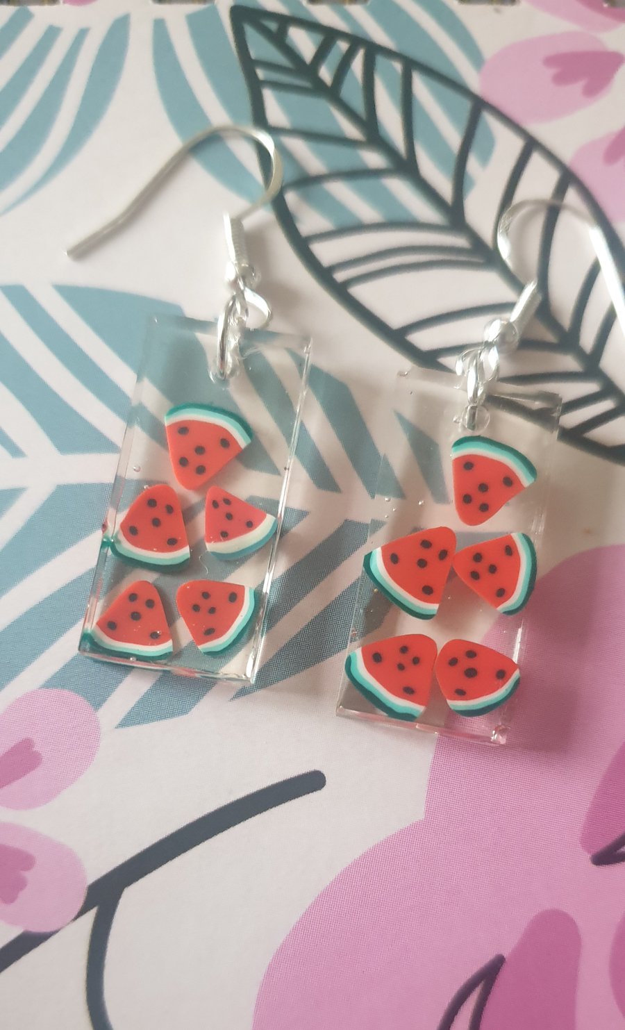 Rectangle watermelon resin earrings