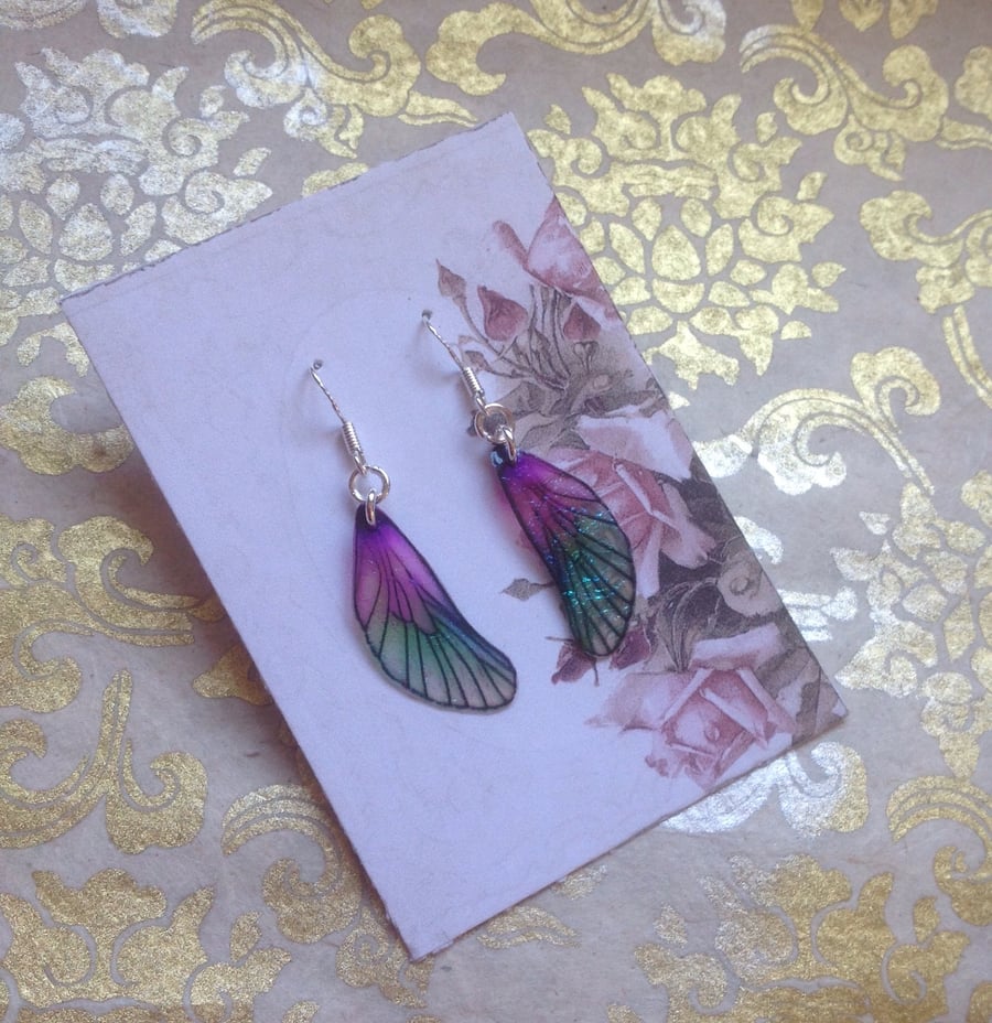Dainty Purple and Green Iridescent Sterling Silver Fairy Wing Earrings