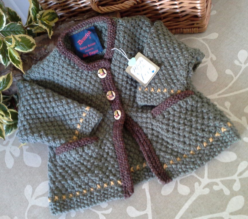 Textured Boys Long Aran Jacket with Pockets  & Merino Wool 12 months