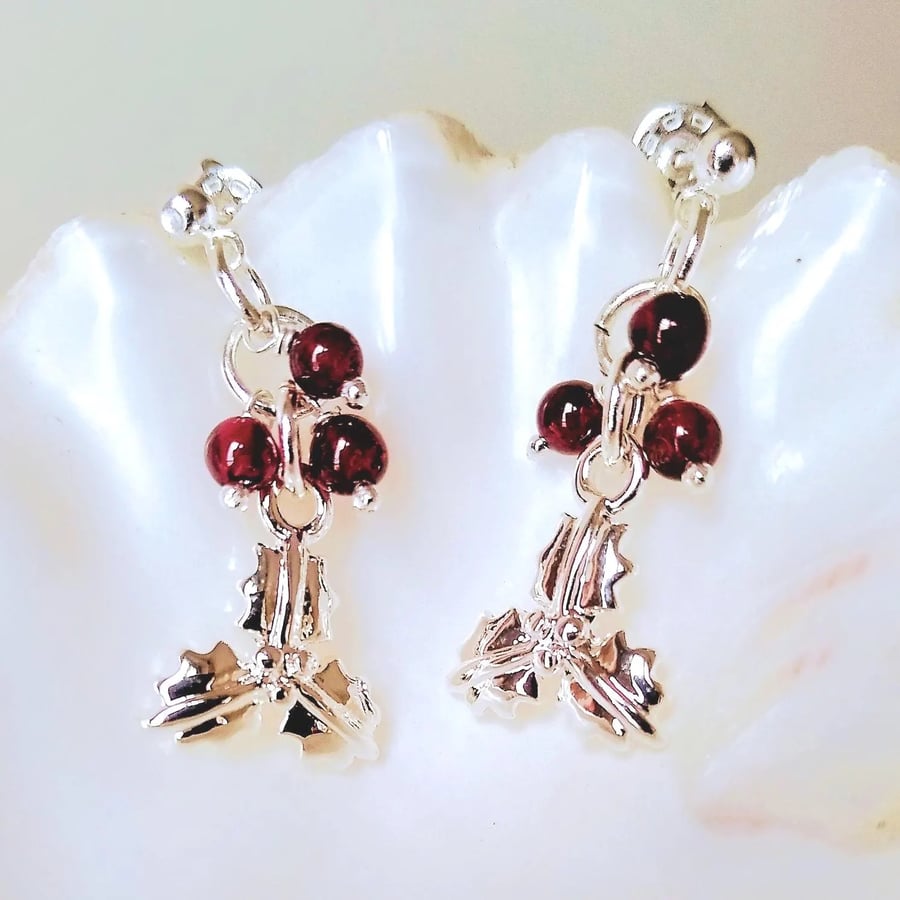 Silver Holly Charm And Red Garnet Gemstone Christmas Earrings