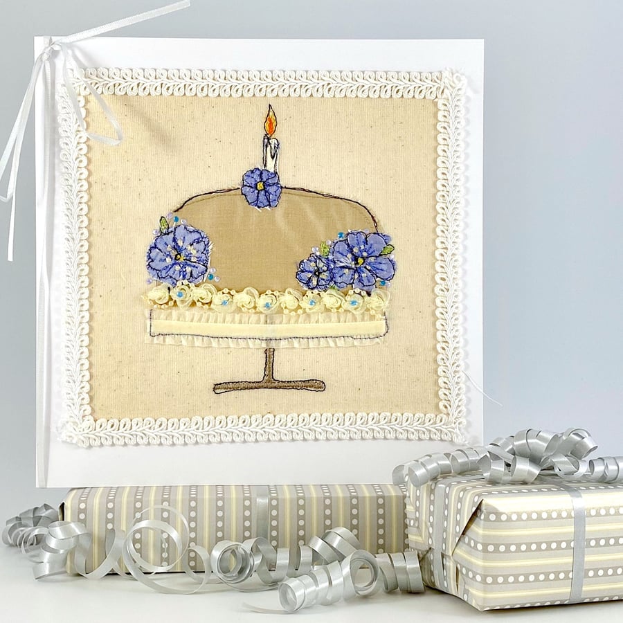 Textile art Birthday card - birthday cake flowers candle