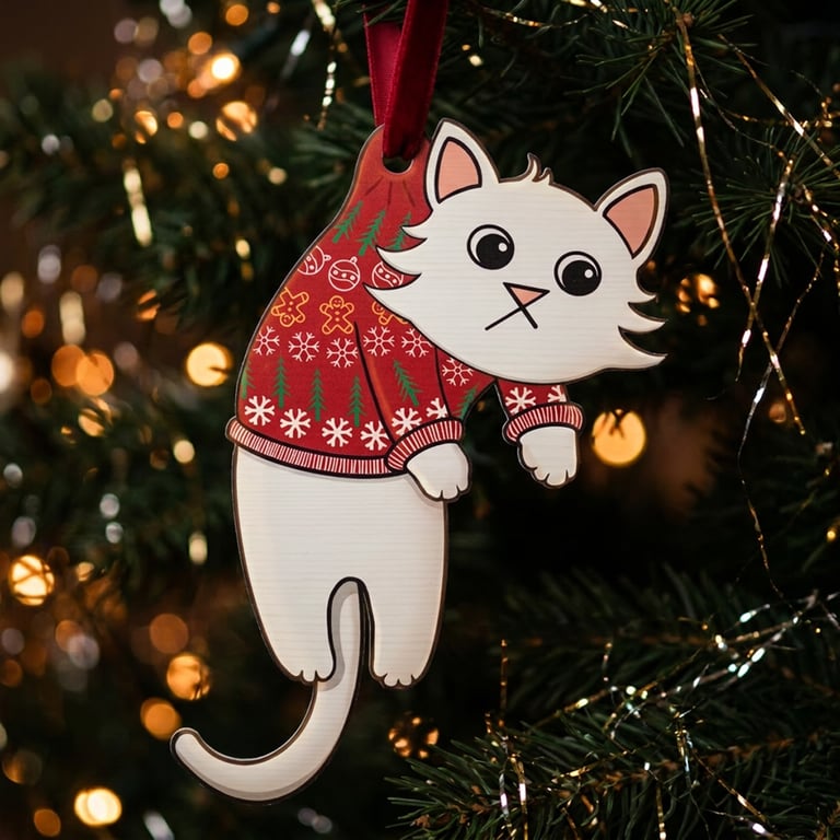 Christmas Jumper Cat Wooden Decoration - Illustrated Cat Christmas Ornament