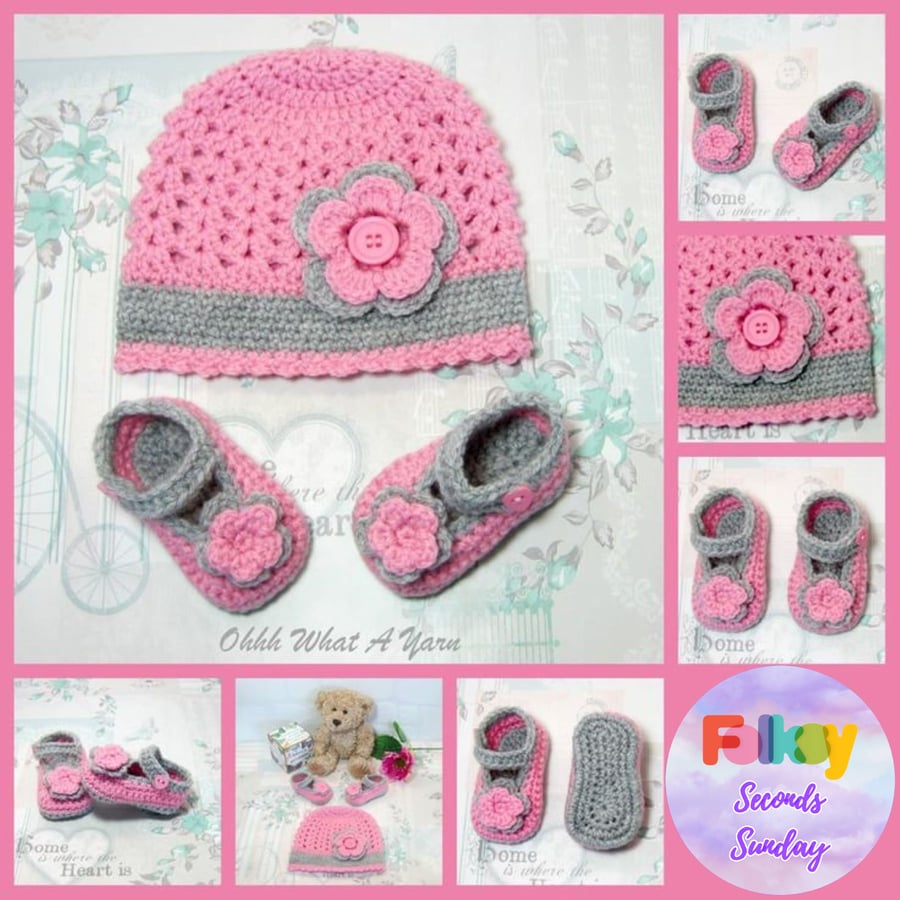 Seconds Sunday end of line. Pink and grey baby hat and shoes set, size 0-3 mths.