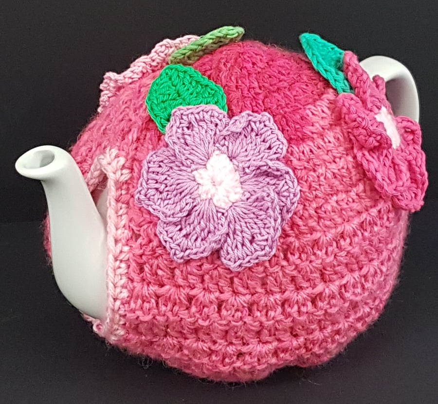 Pink Crochet Tea Cosy With Flowers