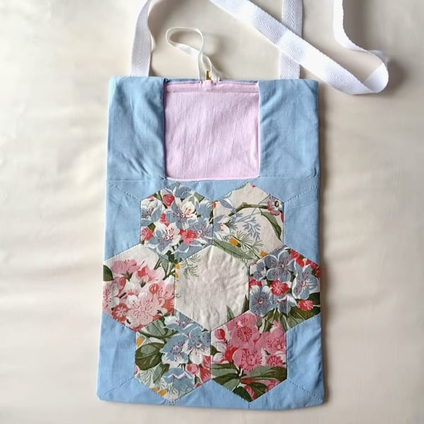 Patchwork peg bag with shoulder strap, other hanging options. Pink, blue & cream