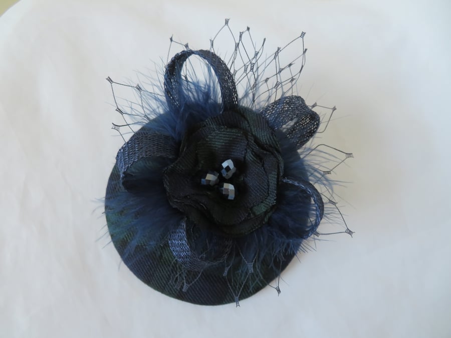 Black Watch Tartan Navy & Black Cocktail Percher Fascinator Mini Hat 