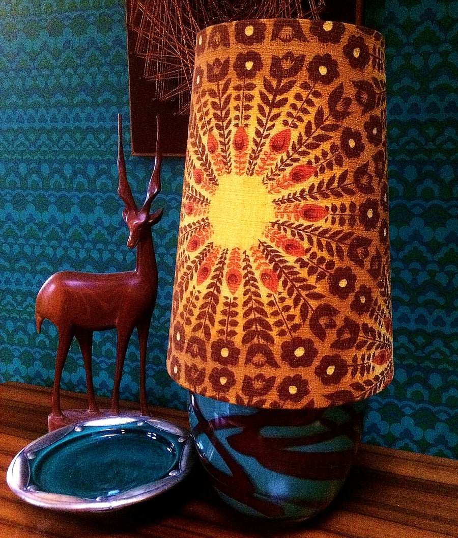 Mid Century Modern style Cone lampshade in a Striking Barkcloth Vintage Fabric