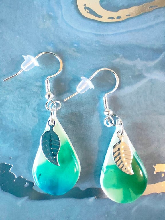 Small Polymer Clay Teardrop Earrings with Silver Leaf Charm