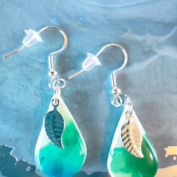 Small Polymer Clay Teardrop Earrings with Silver Leaf Charm