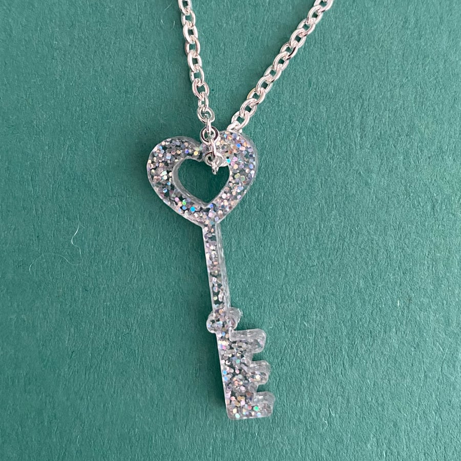 Glitter heart key acrylic necklace