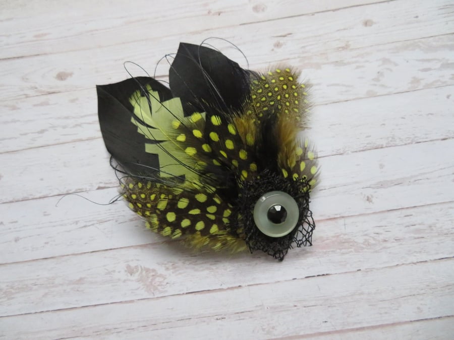 Yellow Lemon and Black Small Feather Vintage Button Hair or Hat Clip