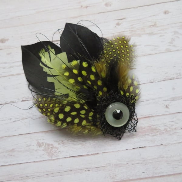 Yellow Lemon and Black Small Feather Vintage Button Hair or Hat Clip