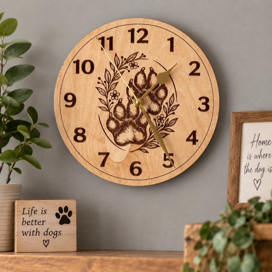 Dog Paw Wooden Wall Clock – Handmade Pet Lover Gift – Baltic Birch