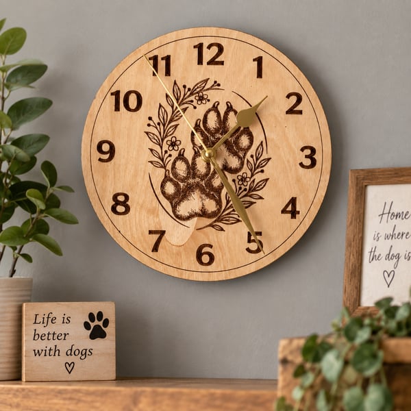 Dog Paw Wooden Wall Clock – Handmade Pet Lover Gift – Baltic Birch