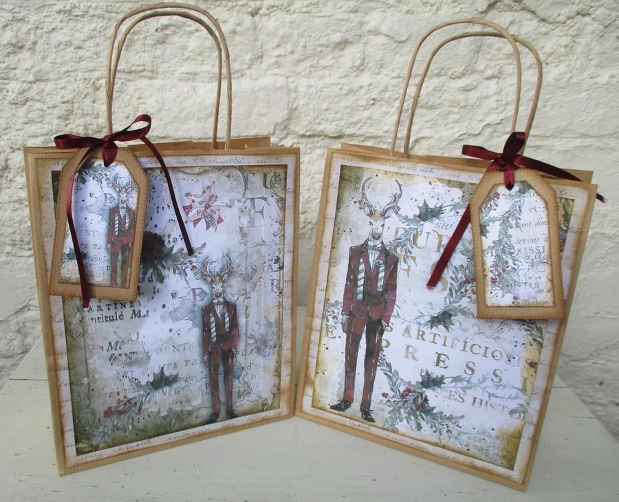 Hand decorated Quirky Christmas Gift Bags, set of 2