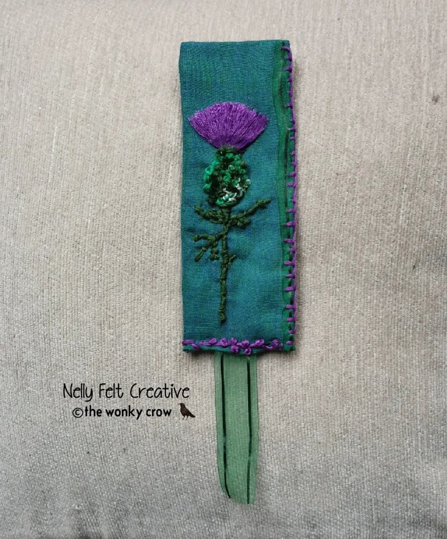 Embroidered Scottish Thistle Linen Bookmark 