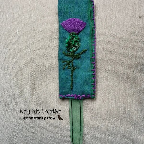 Embroidered Scottish Thistle Linen Bookmark 