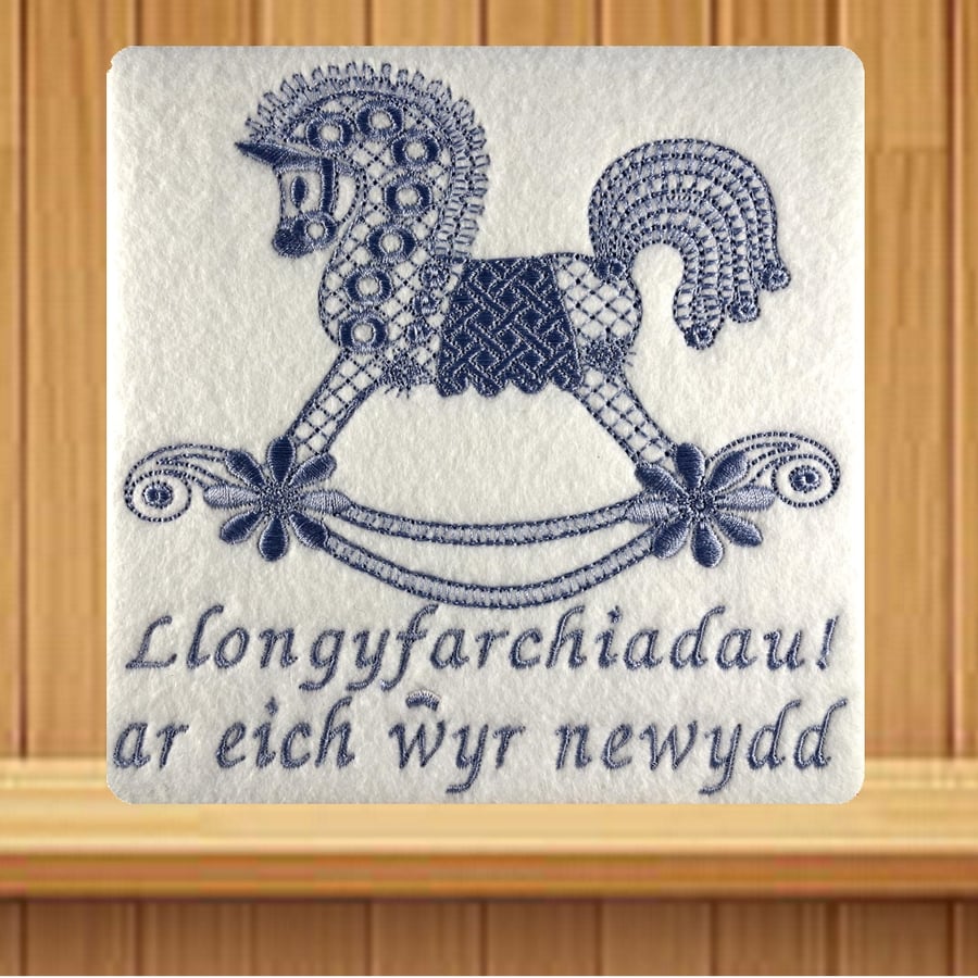 Welsh Handmade New Grandson greetings card embroidered design 