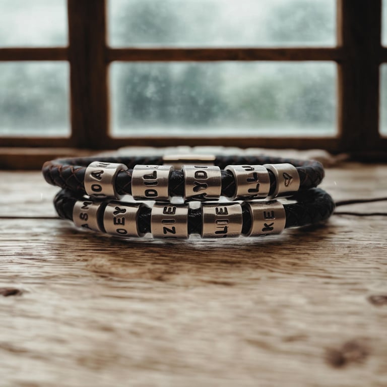 Men's Personalised Leather Bracelet with Five Hand Stamped Rings