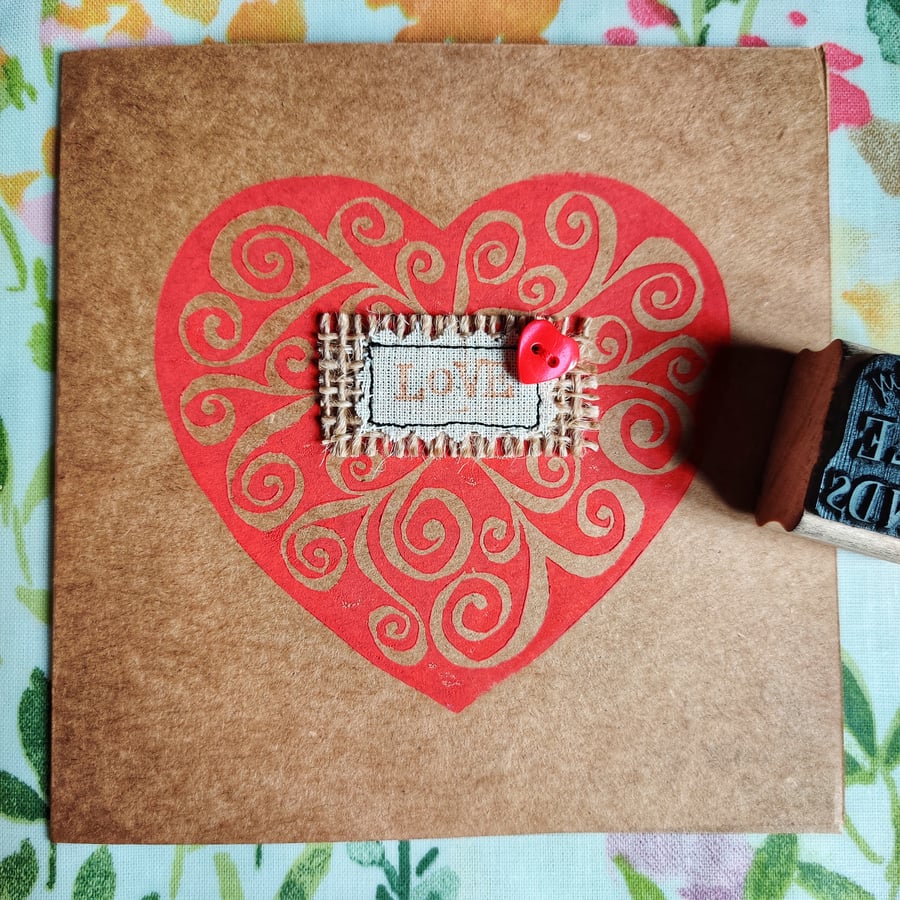 Valentine Love Heart Card Lino Print