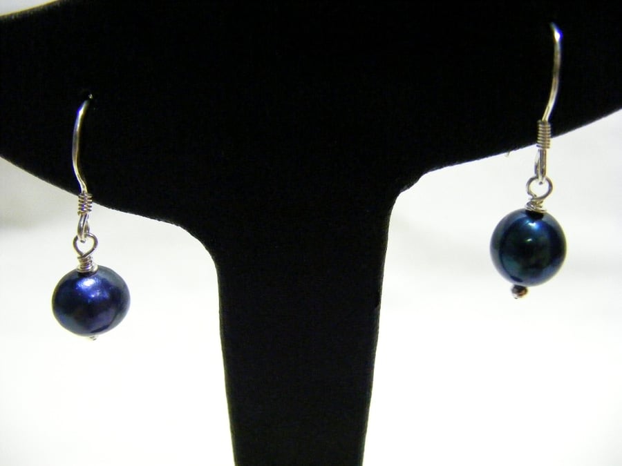 Dark Blue Freshwater Cultured Pearl and Sterling Silver Earrings