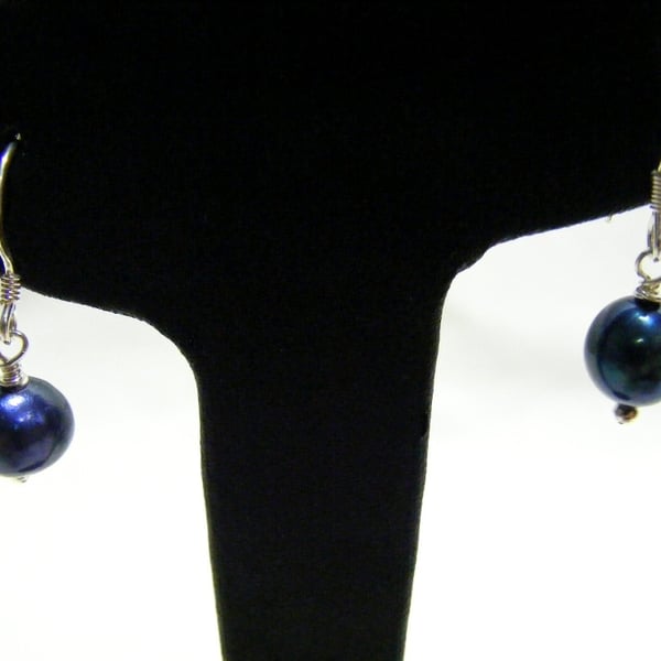 Dark Blue Freshwater Cultured Pearl and Sterling Silver Earrings