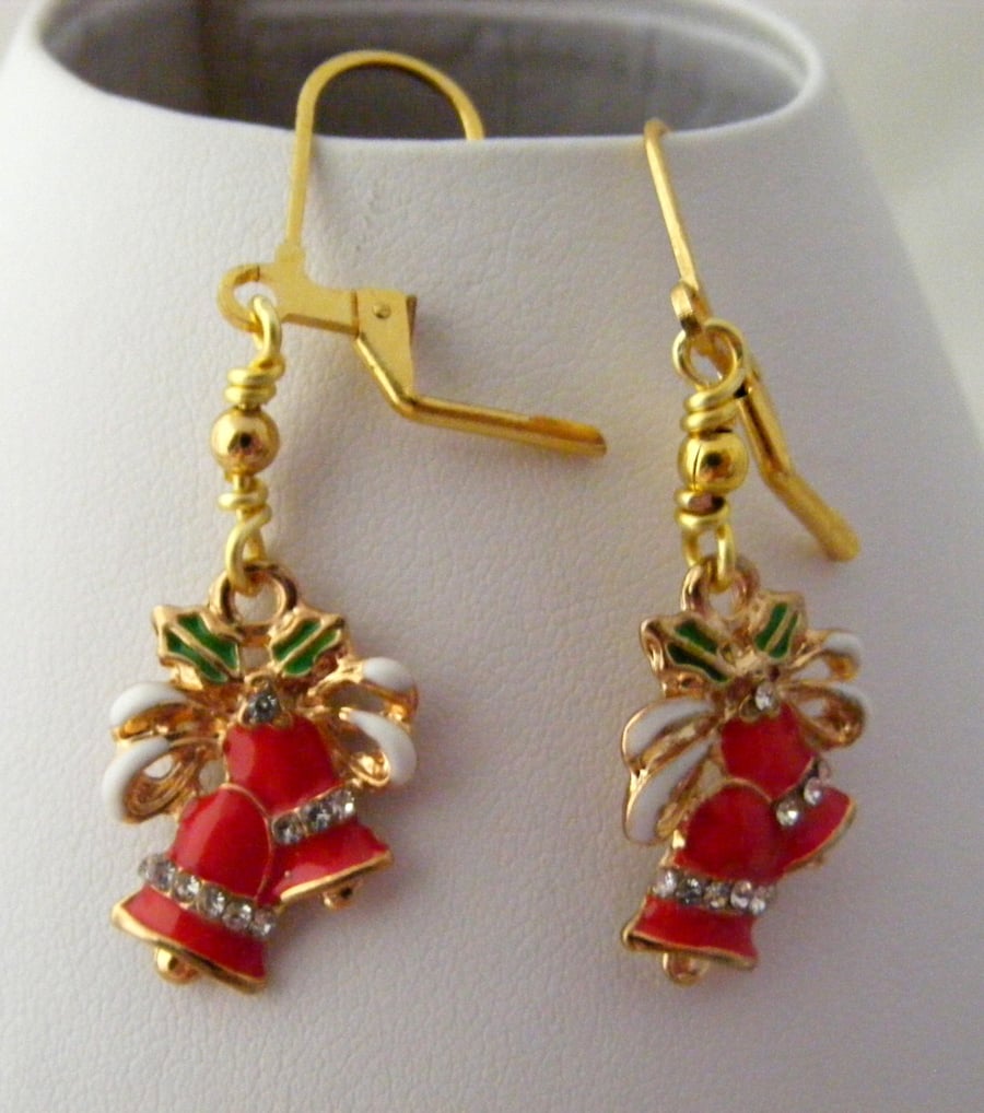 Red Enamel Christmas Bell Earrings.