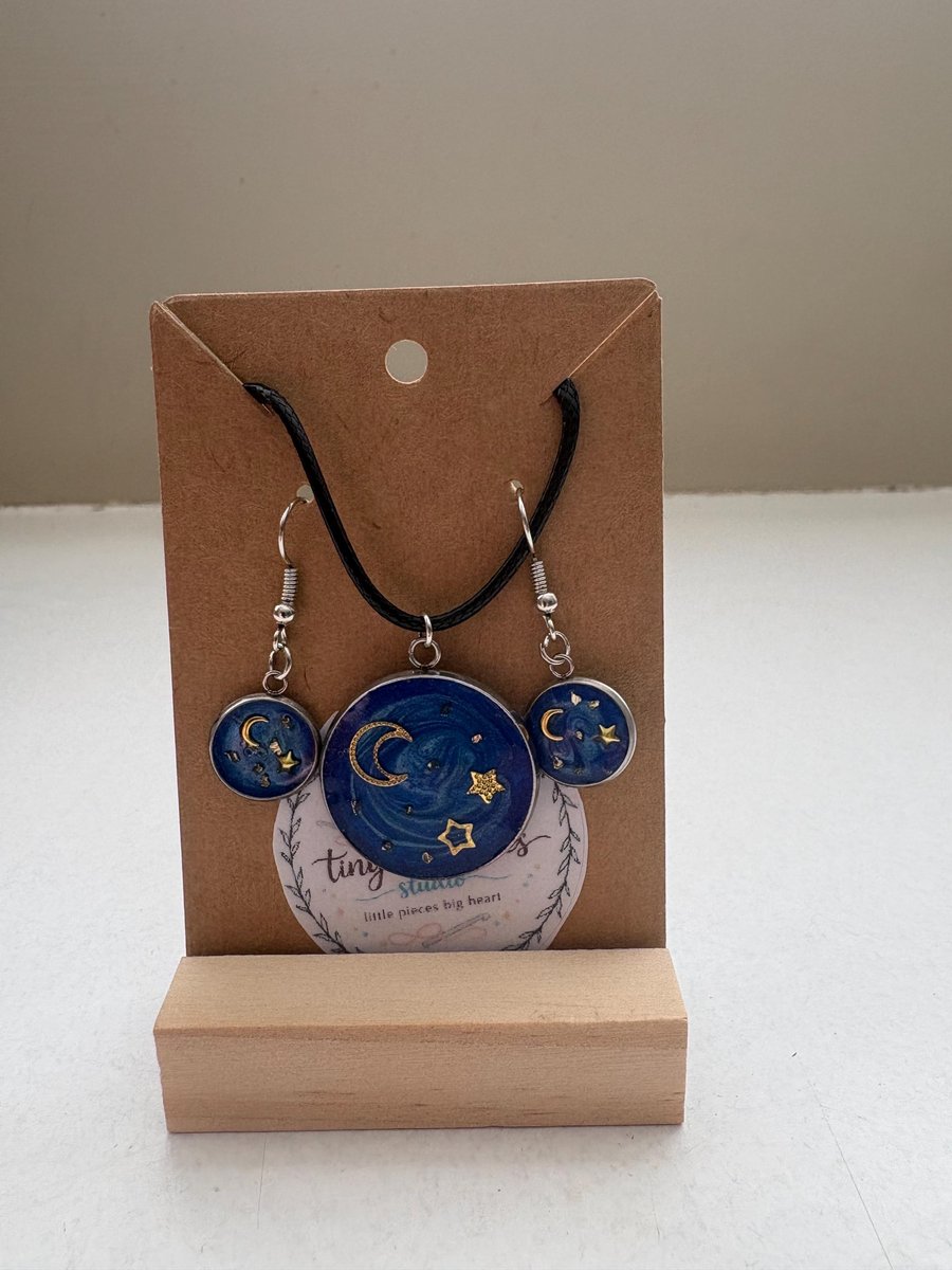 Handmade Resin Moon Star Necklace Earrings Set, Celestial Night Sky Jewellery