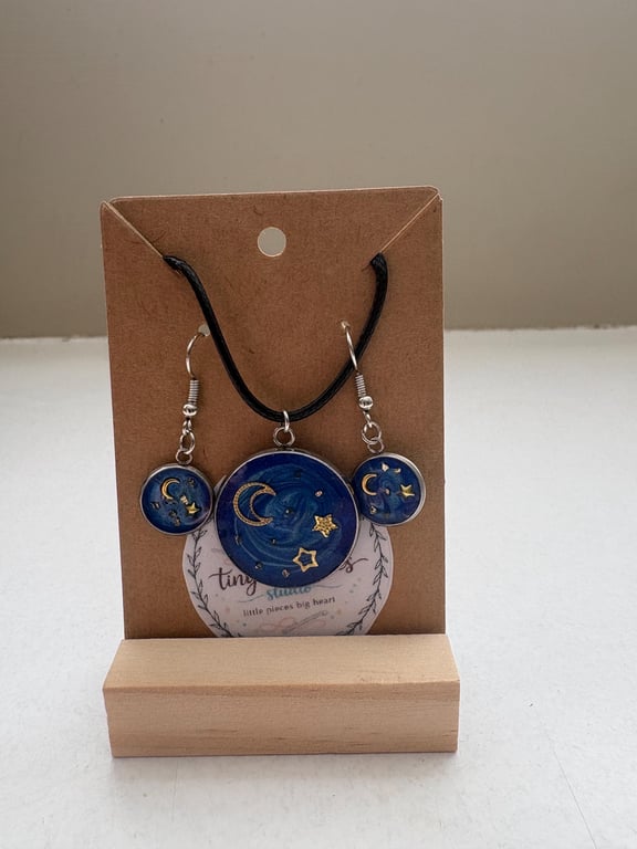 Handmade Resin Moon Star Necklace Earrings Set, Celestial Night Sky Jewellery