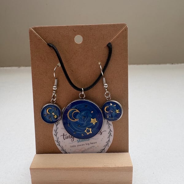 Handmade Resin Moon Star Necklace Earrings Set, Celestial Night Sky Jewellery