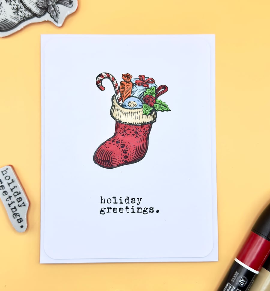 Handmade Christmas Card, Vintage Stocking Design, Xmas, Happy Christmas