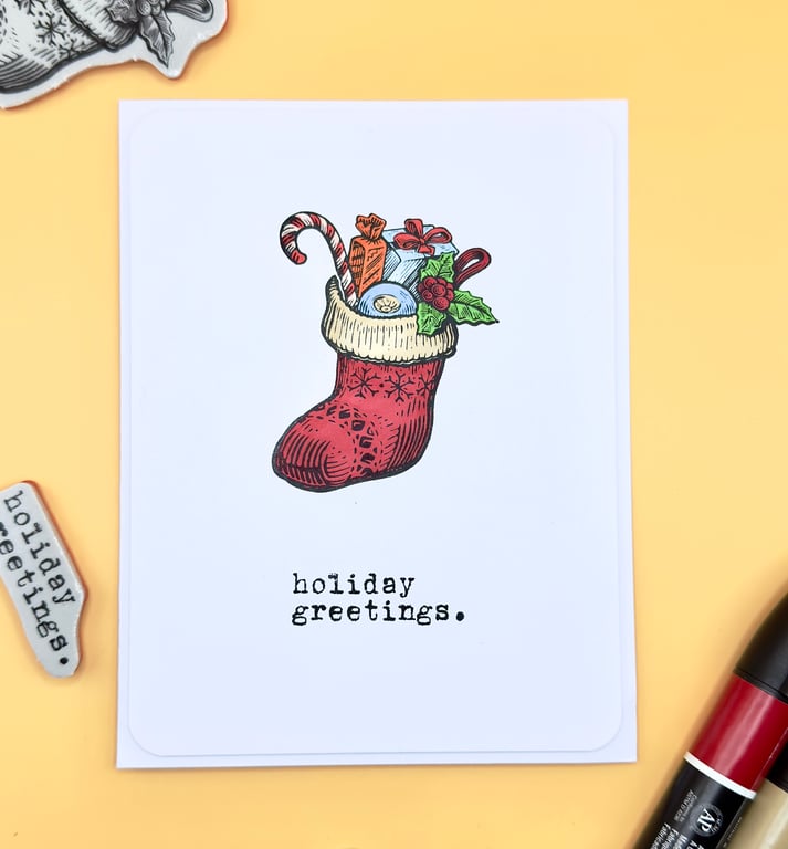 Handmade Christmas Card, Vintage Stocking Design, Xmas, Happy Christmas