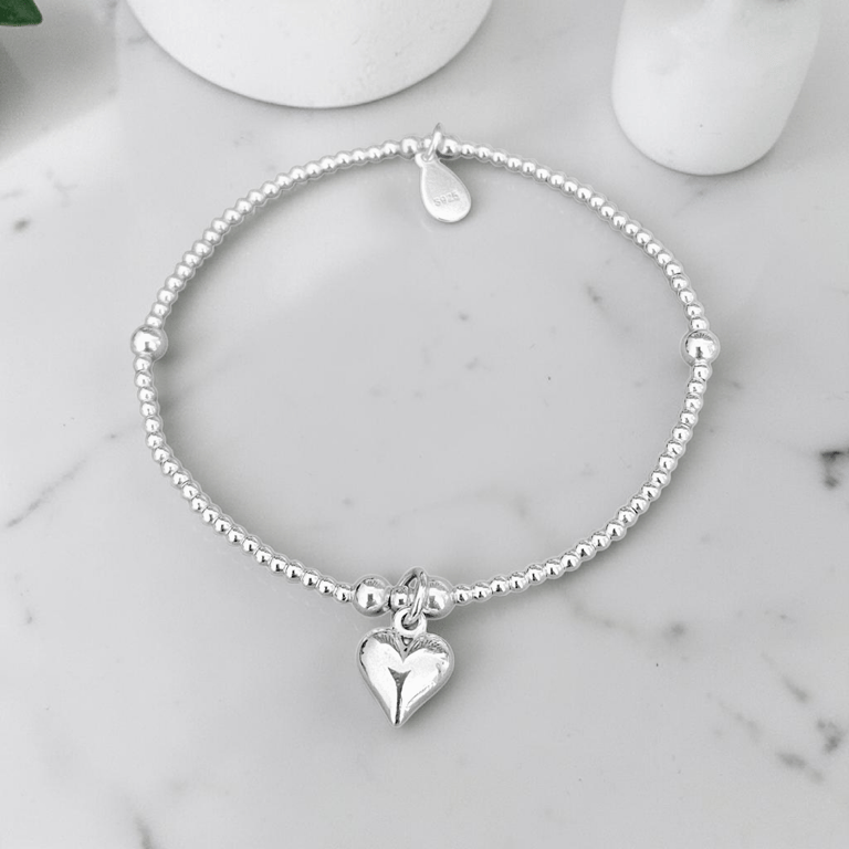 Sterling Silver Puff Heart Charm Stretch Bracelet 925