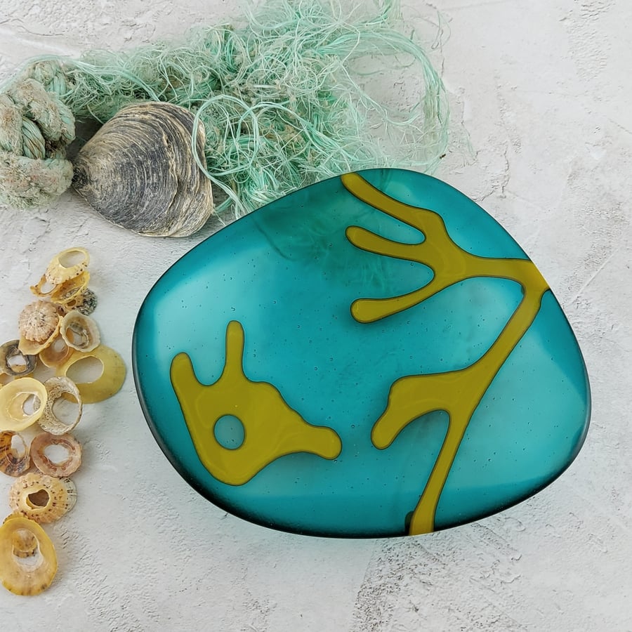 Glass Dish in Teal Green with Seaweed Motif