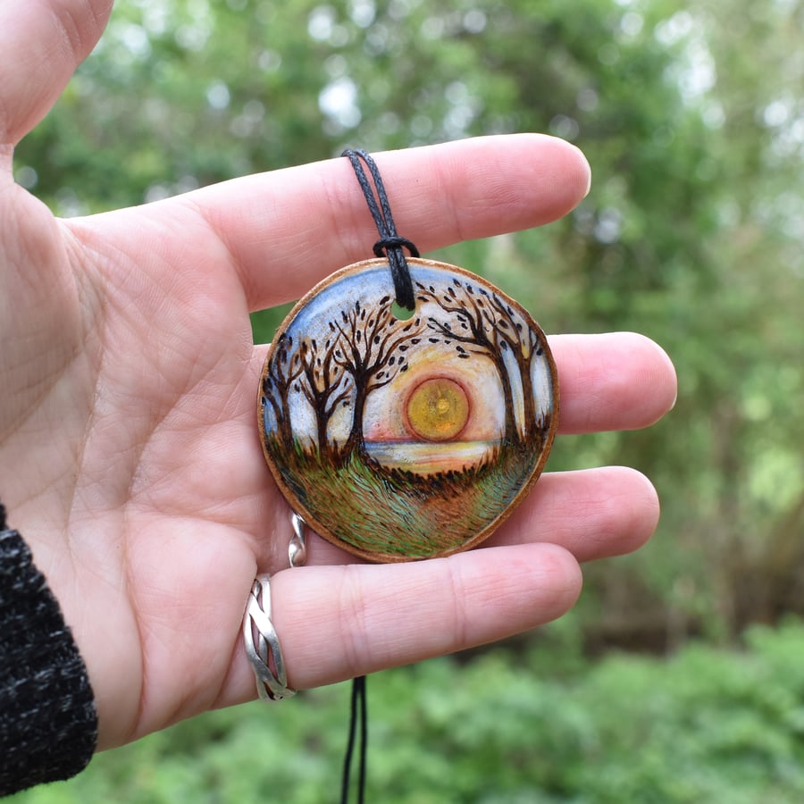 Sunset accross the fields. Pyrography pendant. Rustic branch slice necklace. 