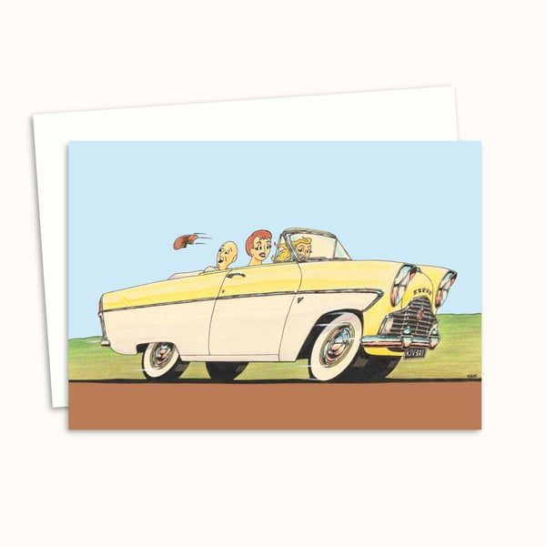 Retro Car Greeting Card: Mid-Century Cartoon Illustration - Blank Inside (313)