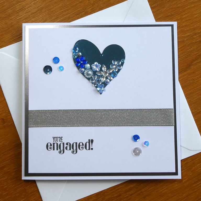 Embellished Heart Engagement Card - Blue
