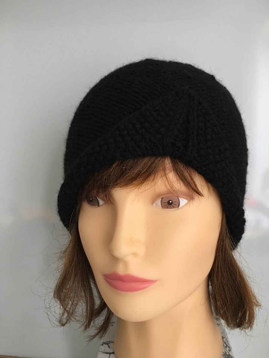 Black Hand Knitted Turban Style Wool Beanie Hat