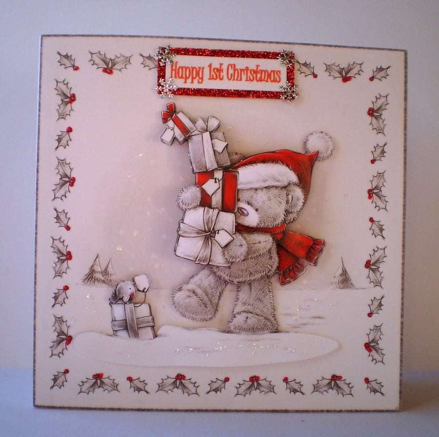 Handmade First Christmas Decoupage Card,Cute teddy,Personalise 