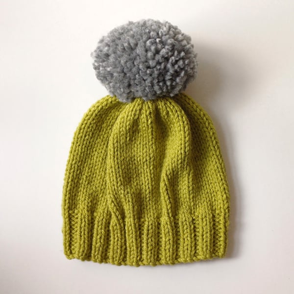 Bobble Hat in Lime Green Chunky Yarn with Grey Pom Pom