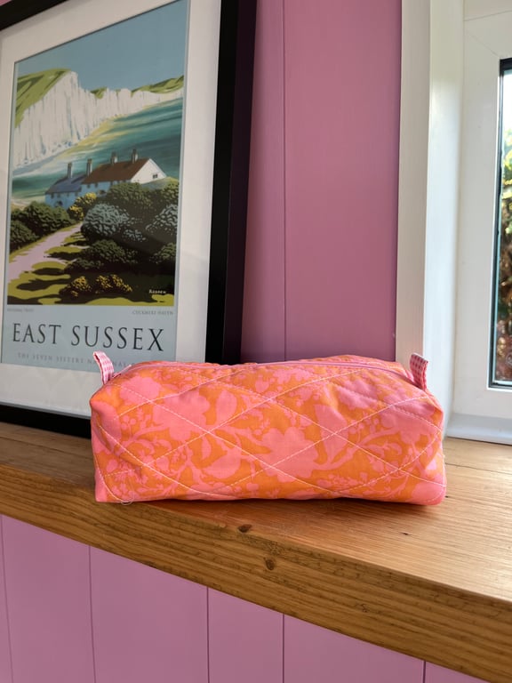 Quilted orange and pink floral make up bag 
