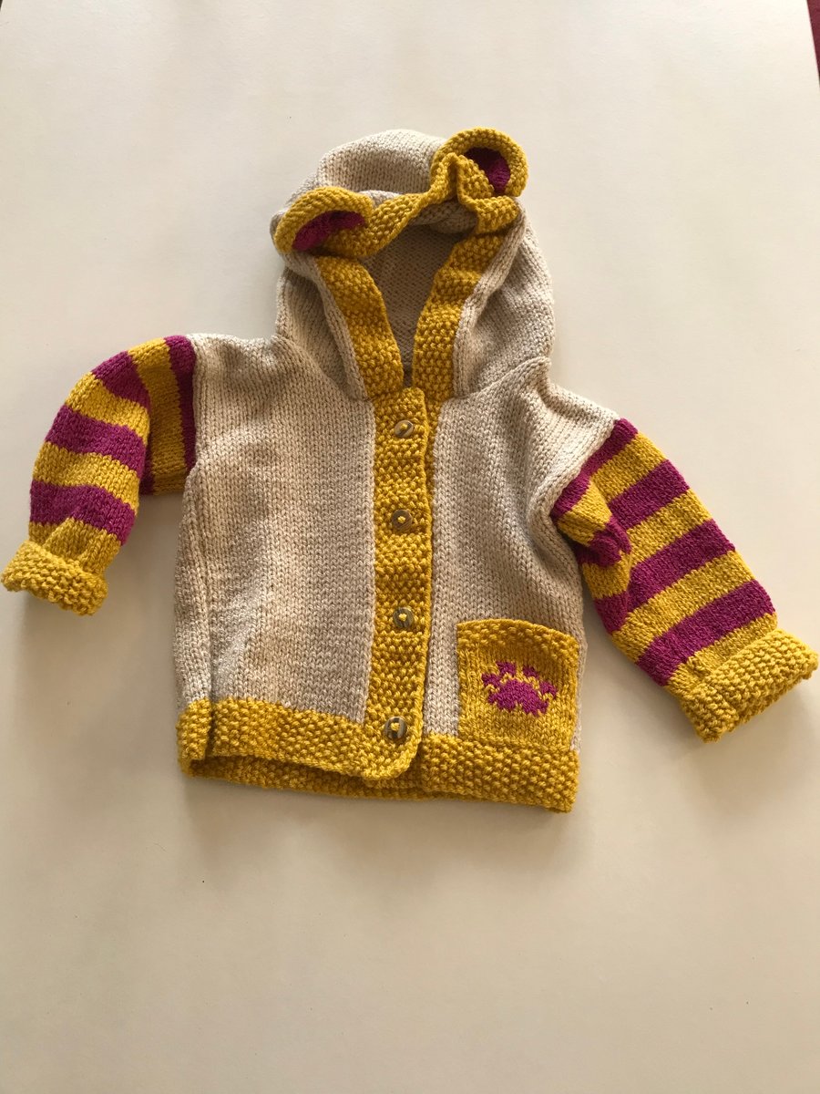 Babies hooded teddy bear jacket with ears and pawprint pocket