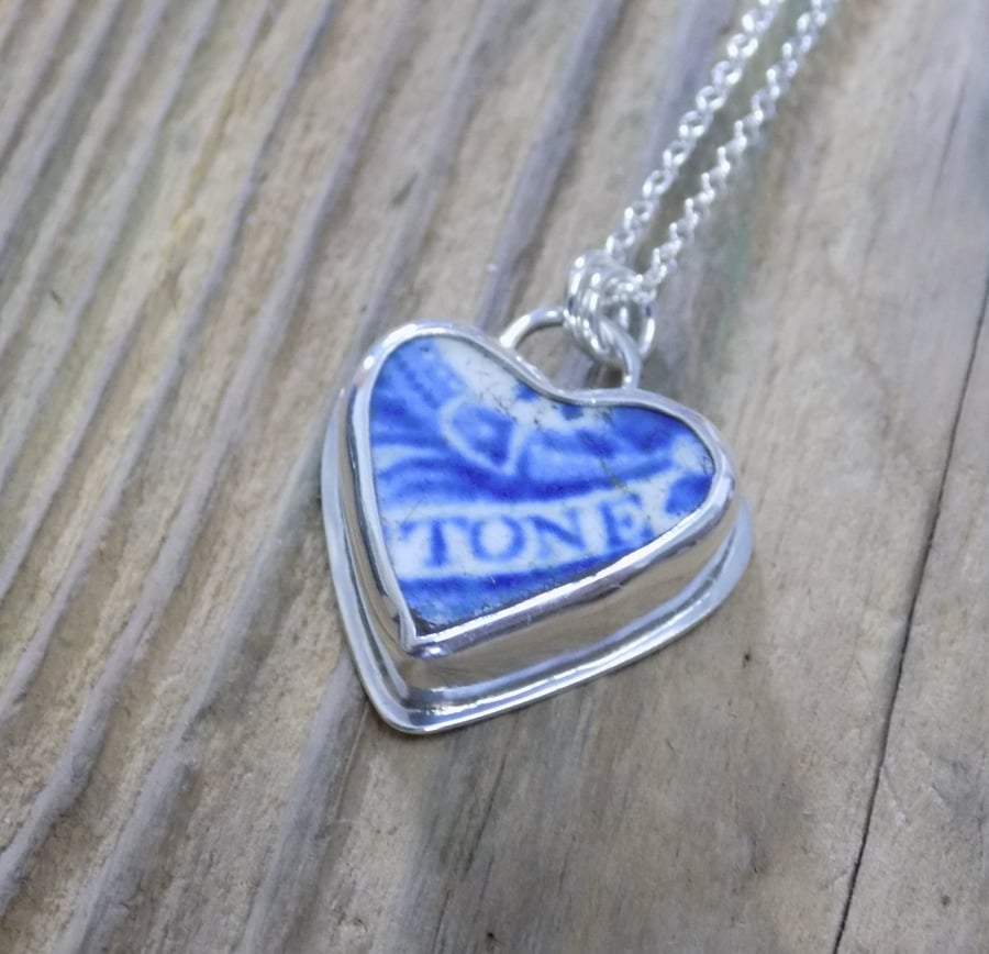 Silver bezel set Thames pottery heart pendant, necklace